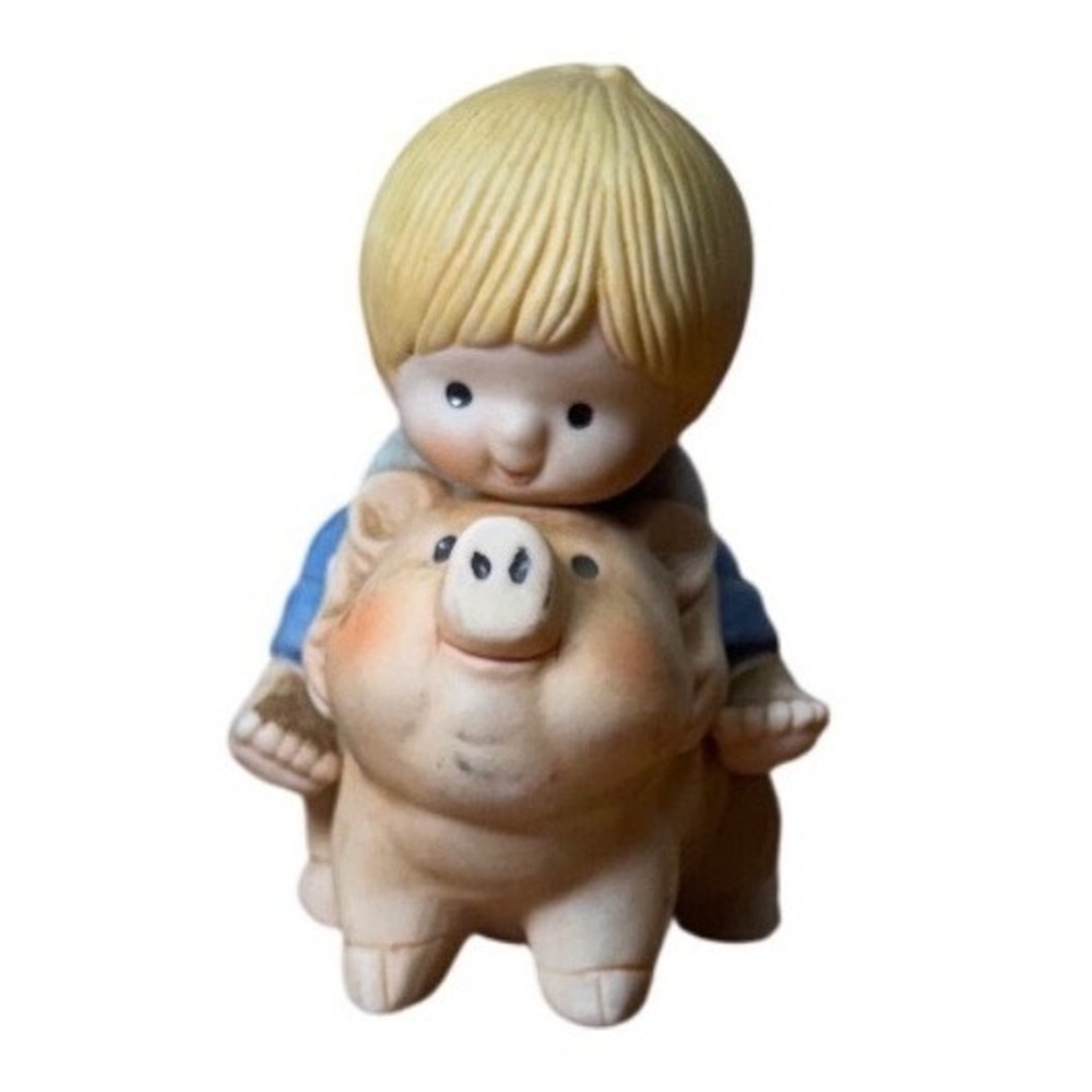 Vintage 1981 Enesco Ceramic Boy and Girl Riding Pigs Figurines Set of 2